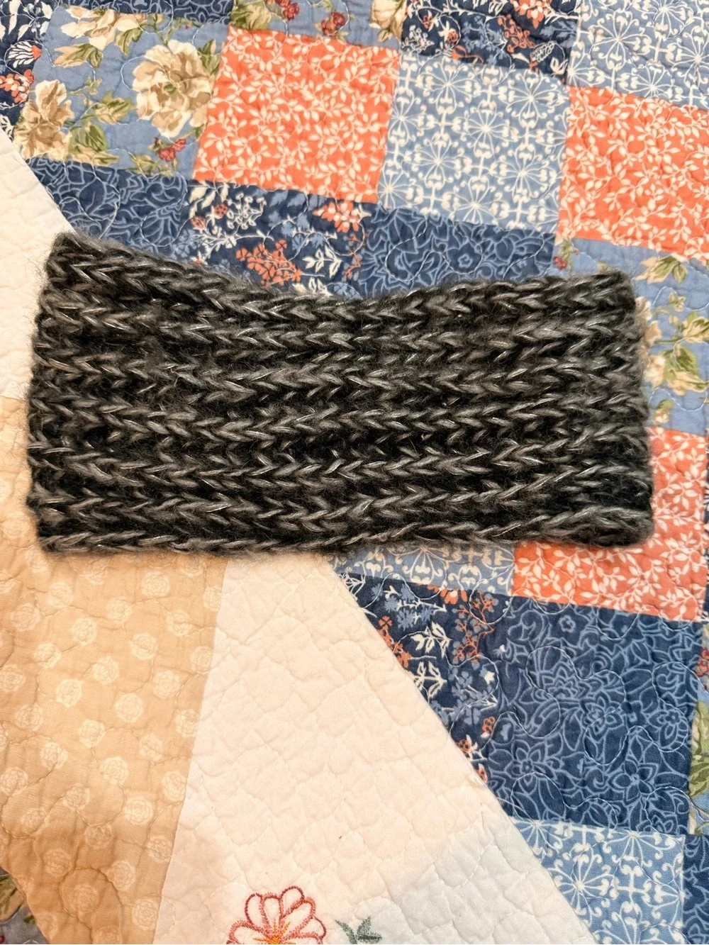 Knitted Black & Gray Headband with Beaded Flower Accent